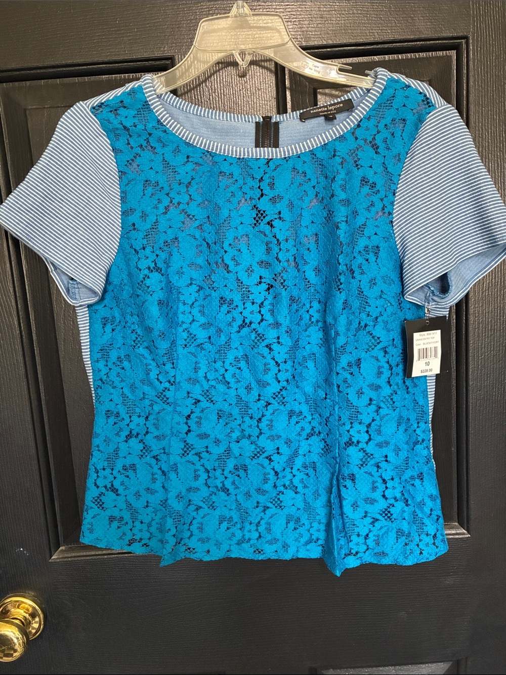 Nanette Lepore Blue Lace & Stripe Short-Sleeve Women’s Top